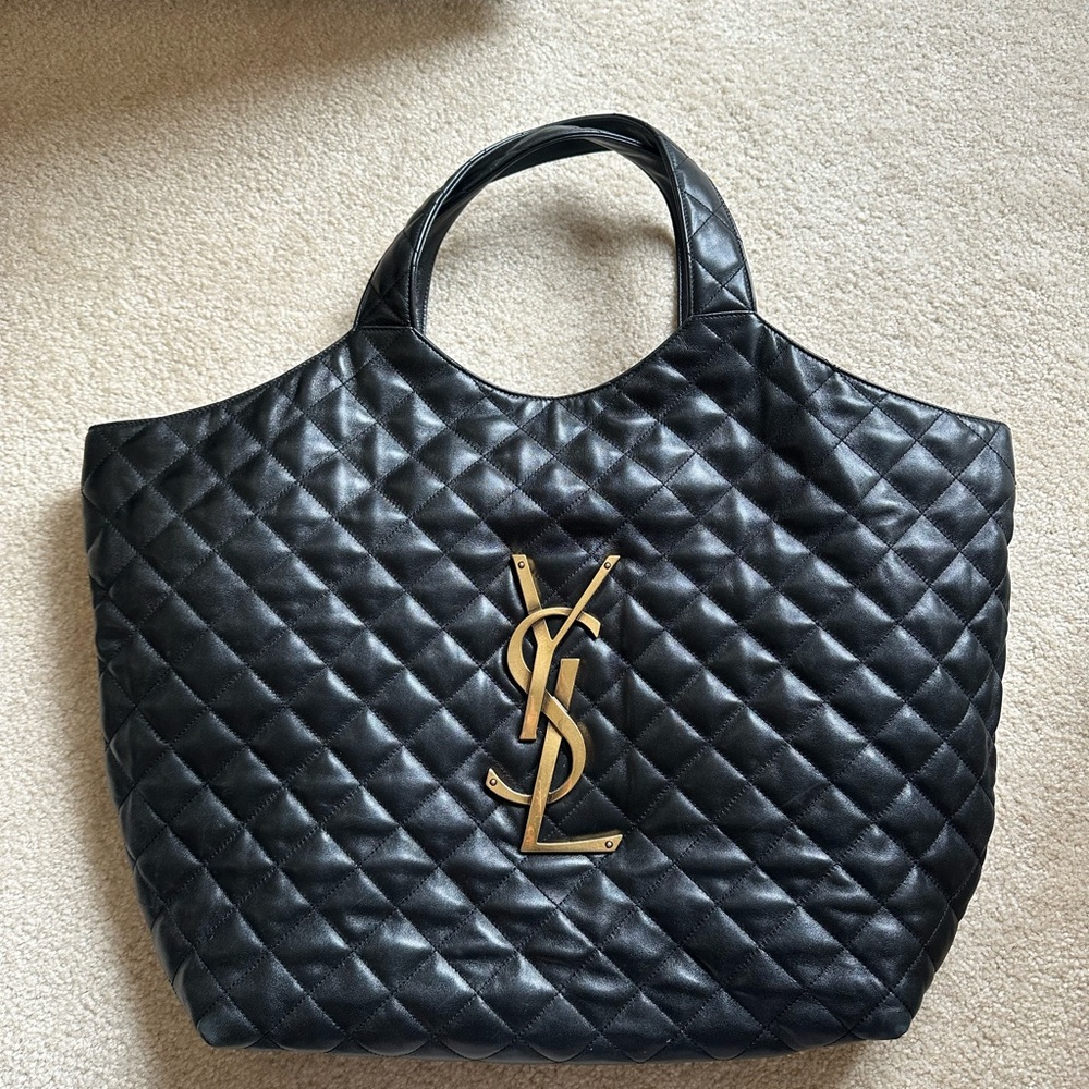 Yves Saint Laurent ICARE in Quilted Lambskin Tote - Black with Gold Logo